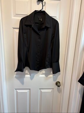 Women's Black Satin Button-Up Blouse with Wide Cuffs
